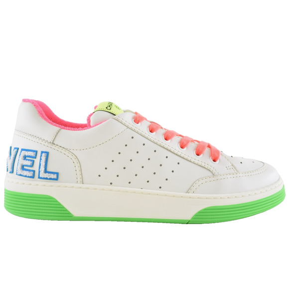 Chanel Mens 20P White Multicolor Neon CC Logo Flat Runner Trainer Sneaker 44 11 - Picture 1 of 12